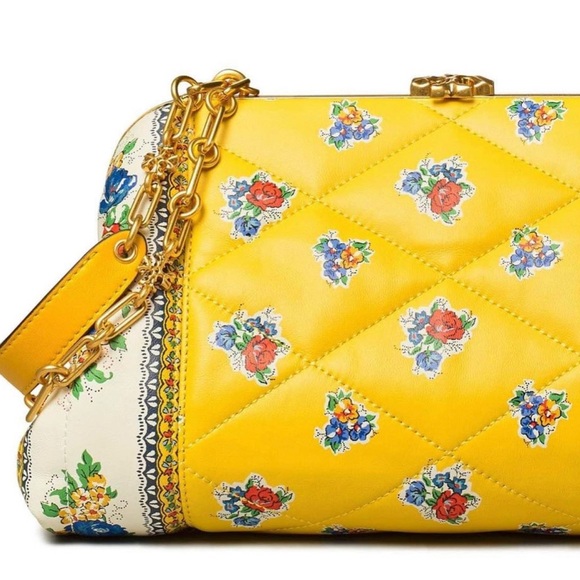 TORY BURCH CLEO QUILTED FLORAL YELLOW TEA ROSE CHAIN BAG. - Picture 5 of 5